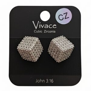 Sparkling Silver Square Cube Stud 3D Cubic Zirconia Crystal Earrings